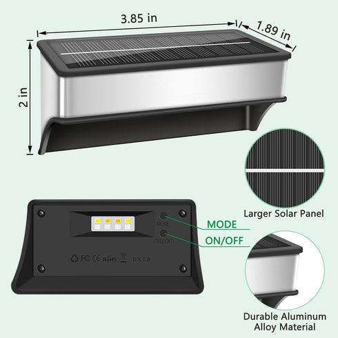 9 IP65 (2 Packs) Solar Fence Lights Outdoor,Step Lights Solar Powered with Lighting Options, Waterproof, Deck Light