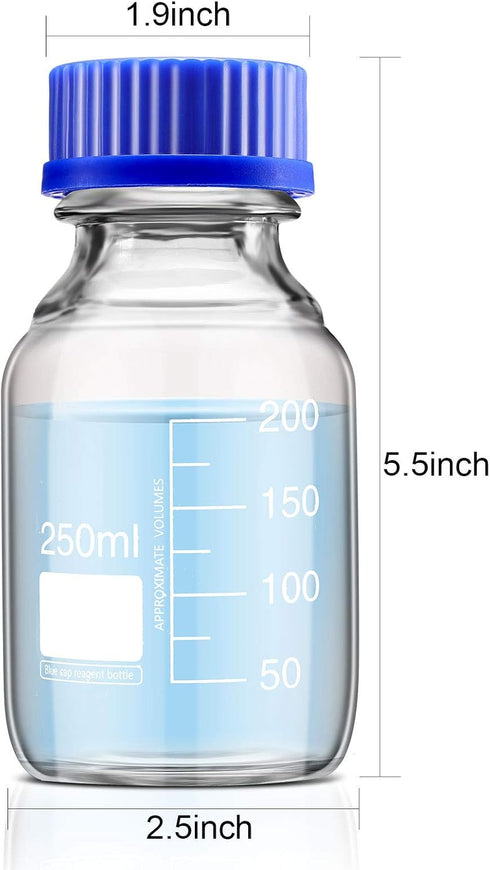 Patelai 4 Pieces 250 ml Glass Round Media Storage Bottles Storage Glass Bottles Borosilicate Media Glass Bottles with GL45 Blue Screw Cap for Lab Water Reagent Liquids by Patelai