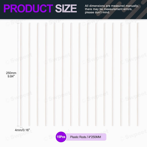 Swpeet 15Pcs Milkly Plastic Rods Assortment Kit, Diameter 4mm Length 250mm Material ABS Round Stick Round Solid Bar DIY Model for DIY Toys Building Making Architectural Model Making