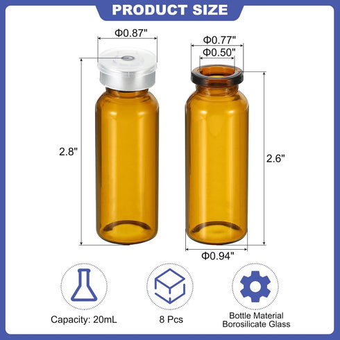 PATIKIL 20ml Sample Vials, 8 Pack Lab Empty Vials with Butyl Rubber Stopper and Crimp Top Caps Borosilicate Glass Vial, Amber by PATIKIL