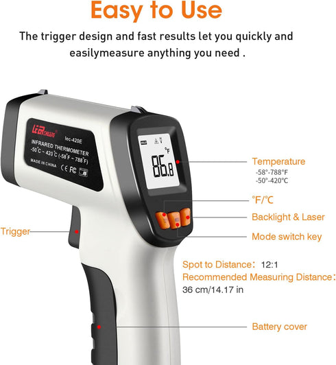 Infrared Thermometer, LEERCHUANG Digital Temperature Gun for Pizza Oven, Non-Contact Laser Thermometer