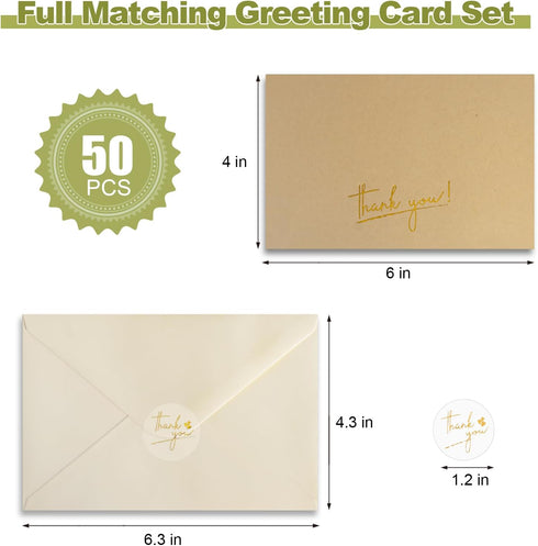 50 Pack 4x6 Kraft Brown Thank you Cards with Envelopes Thick Folded Cardstock and Stickers for All Occasion Greeting
