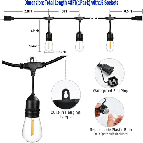 Commercial 48FT, 15+1 S14 Bulbs 2200K, Outdoor String Lights LED Replaceable Edison Black Weatherproof Cord for Patio