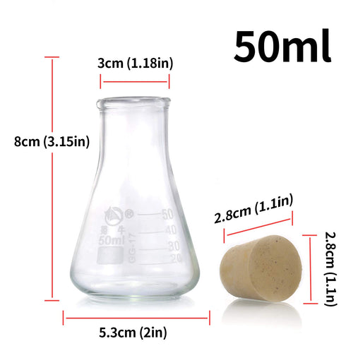 Glass Erlenmeyer Flask Set, Graduated Borosilicate Glass (250 ml, 150 ml & 50 ml) with Rubber Stoppers