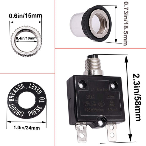 smseace 3Amp Electric Button Breaker, 125/250VAC Thermal Overload Protector with Manual Reset
