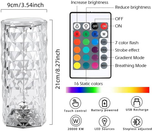 WeFoonLo Rose Diamond Table Lamp RGB Color Changing Crystal Night Light, Touch Control Bedside Lamp with USB