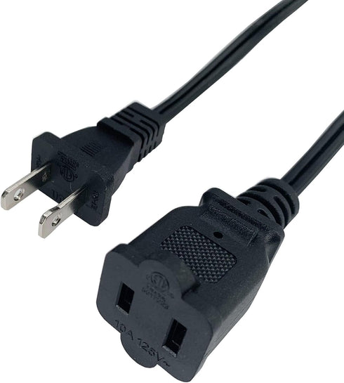 Short Extension Cord 2 Foot, 18 AWG Small 2 Prong Power Cable, Black Male to Female Outlet Saver for Indoor Use