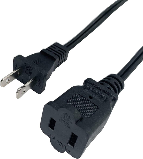 Short Extension Cord 2 Foot, 18 AWG Small 2 Prong Power Cable, Black Male to Female Outlet Saver for Indoor Use