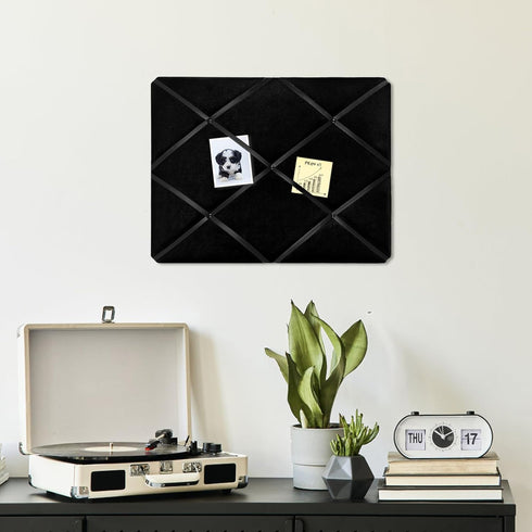 Black Fabric Memo Bulletin Board, 23.6x17.7 inches Velvet Pin Board for Wall, Vision Board with Criss-Cross Ribbons