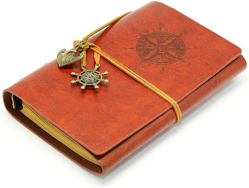 EvZ Leather Writing Journal Notebook, 7 Inches, Vintage Nautical Spiral, Unlined Paper, Red Brown