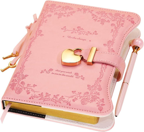 Diary with Lock and Keys for Girls – 360 Gold Edged Pages, B6 Refillable Notebook, Garden Pink, with Pen and Bookmark