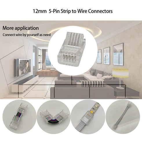 5 12mm 12V 24V (Pack 10) Pin LED Strip to Wire Connector rgbw Unwired Clips Solderless Adapter Terminal Extension