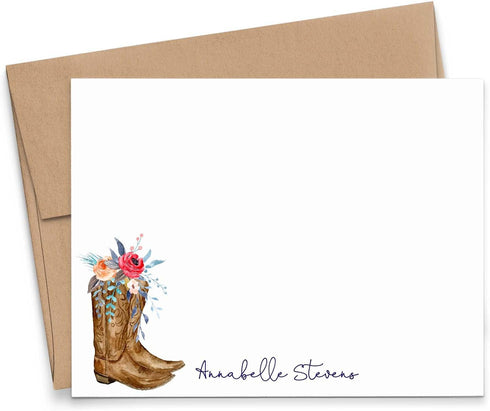 Cowboy Boots Personalized Stationery for Women, Personalized FLAT OR FOLDED Note Cards