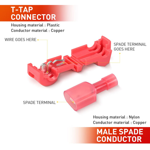 Nilight 120PCS/60 Pairs Quick Splice Disconnect Wire Terminals T-Tap Spade Wire Connectors, Red 22-16 AWG