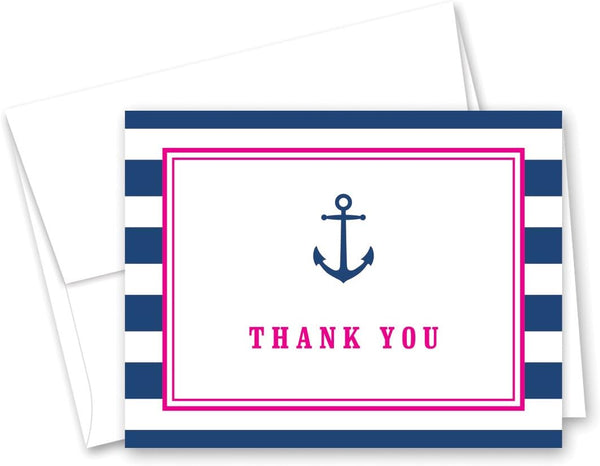 50 Cnt Navy Stripes Pink Border Anchor Nautical Baby Shower Thank You
