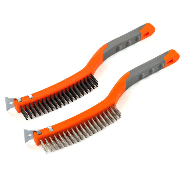 Wire Brush Set - 2 Pcs Stainless Steel and Carbon Scratch Brush with 14" Long Rubber Handle for Cleaning