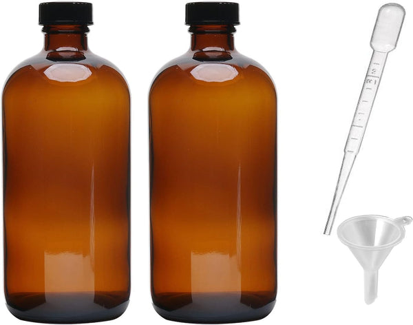 2pcs 16oz Amber Glass Boston Round Bottles with Air Tight Seal, Perfect for Storing Condiments and Homemade Oils
