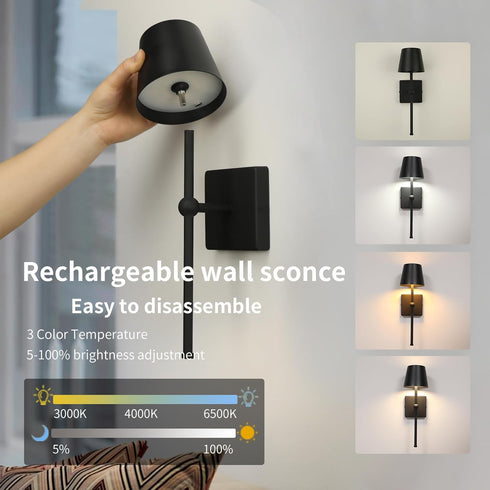 IZOKIN Set Battery Operated Wall Sconce Rechargeable Wireless Cordless Wall lamp Decor of one Black for Bedroom Living