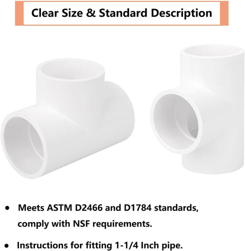 5-Pack 1-1/4" PVC Tee, 3 Way PVC Pipe Fittings Connector, Furniture Grade SCH40