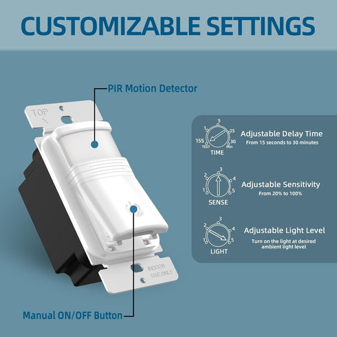 ECOELER 2 Pack Motion Detector Light Switch, PIR Infrared Sensor Switch with Sensitivity & Delay Adjustable, OCC & VAC