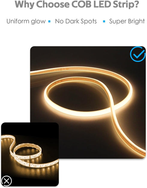 20FT 3000K AC110V-120V IP65 288LEDs/M 6M COB LED Strip Light Warm White LED Rope Lights Outdoor Waterproof High Density