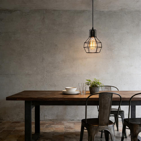 EFAYCRR Industrial Pendant Light, Rustic Farmhouse Pendant Light, Black Metal Wire Cage Hanging Light Fixture