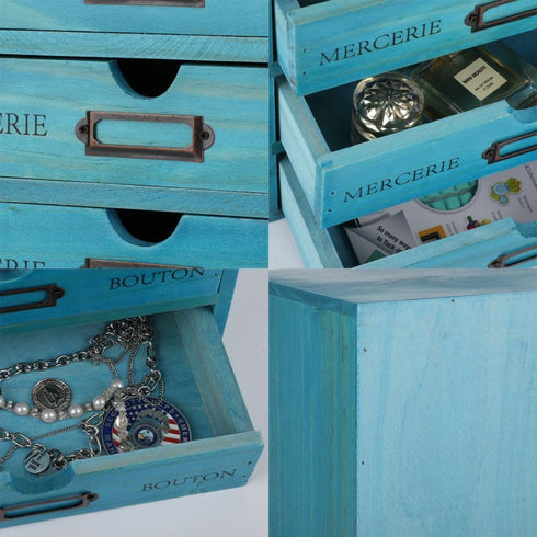 Wooden Storage Box with 5 Drawers - Vintage Apothecary Drawers, Wood Desktop Organizer, Blue