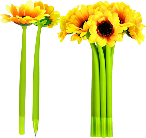 Sunflower Pens, Faux Flowers Ballpoint Pens, 0.5 mm Gel Ink for School Office Home, Party Favor Decor (12 Pieces)