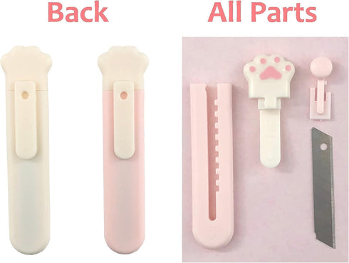 Kawaii Cat Paw Box Cutter, 2 pcs Mini Pocket Knife and Letter Opener for Cat Lovers, White Pink & White