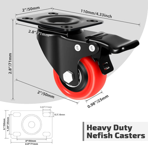 Nefish 2 Inch Casters Set of 4, Heavy Duty Top Plate Caster Wheels with Brake 600 Lbs, Durable Locking Furniture Castors, 360 Degree Swivel Casters, No Noise Polyurethane Wheels for Cabinet, Furniture