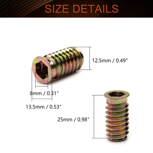 MroMax Hex Threaded Inserts M8 Internal Threads Hex Drive with Flanged 25mm Length Screw in Nut Threaded Wood Inserts Metric,Carbon Steel Furniture Bolt Fastener Connector for Soft Wood 30pcs