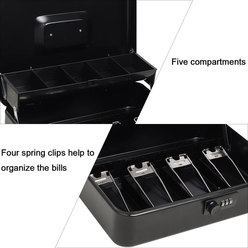 Cash Box with Combination Lock, Durable Metal Cash Box with Money Tray, Security Locker with Cable, Black