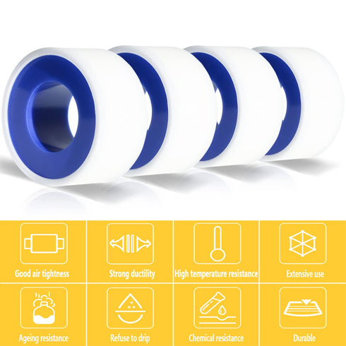 4 Rolls Teflon Tape 3/4 Inch(W) x 520 Inches(L) - Plumbing Tape, PTFE Thread Seal for Shower Head, Pipe Sealing, White