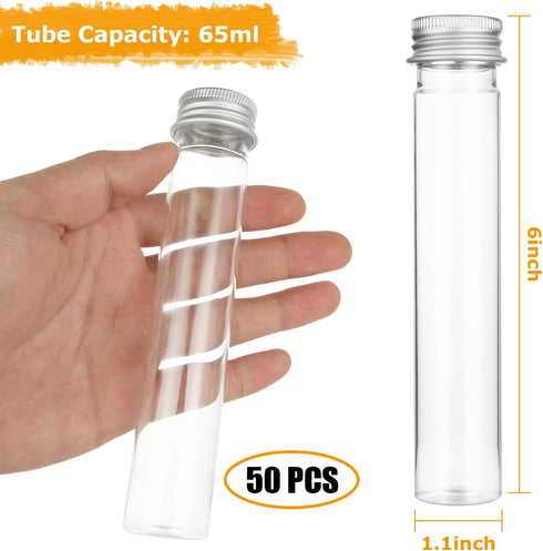 50 Pack 65ML Plastic Test Tubes with Screw Caps Plastic Candy Tubes Clear Bath Salt Tubes Gumball Tubes Container Vials for Candy Bath Salts Spices Party Favors by Oungy