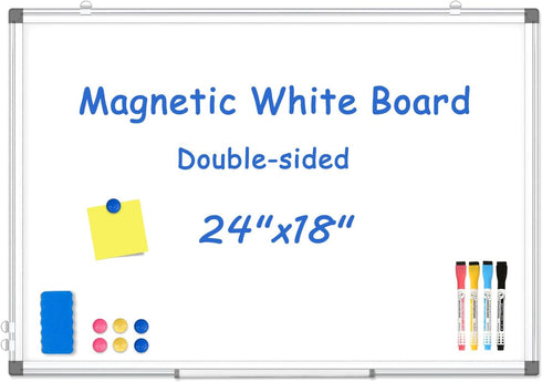 WALGLASS Double-Sided White Board, 24" x 18" Magnetic Whiteboard for Wall, Silver Aluminium Frame for Home