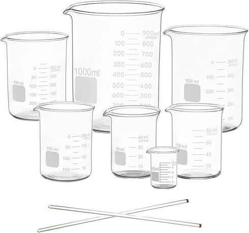 Graduated Glass Measuring Low Form Beaker Set, 10ml 50ml 100ml 250ml 400ml 600ml 1000ml