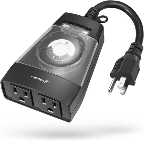 Fosmon Outdoor Timer Outlet Waterproof - 24 Hour Mechanical Heavy Duty Plug in Timer with 2 Outlets