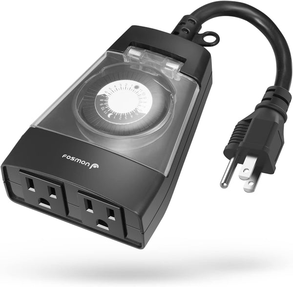 Fosmon Outdoor Timer Outlet Waterproof - 24 Hour Mechanical Heavy Duty Plug in Timer with 2 Outlets