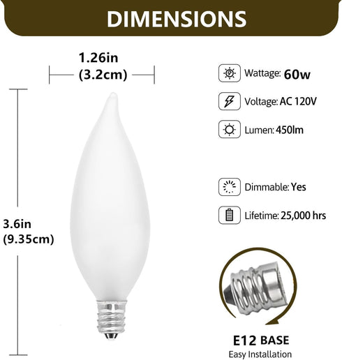 DXMKOP Bulb, CA10 60W E12 Bulbs 120V Dimmable(6PACK) Candelabra Flame Tip Frosted,Frosted Flame Tip Chandelier Light