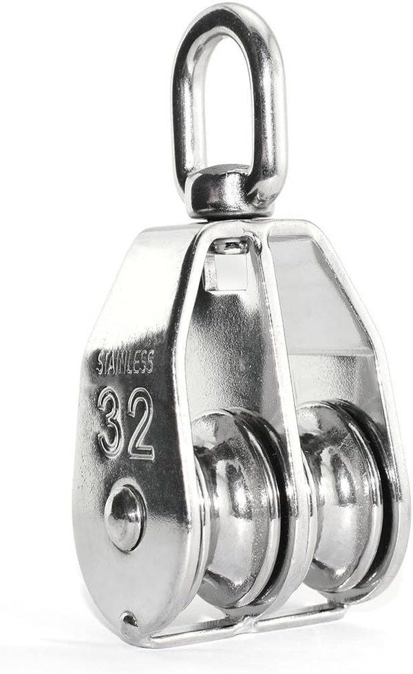 1PCS Lifting Double Pulley - Stainless Steel Heavy Duty Double Wheel Swivel Lifting Rope Pulley Block M32