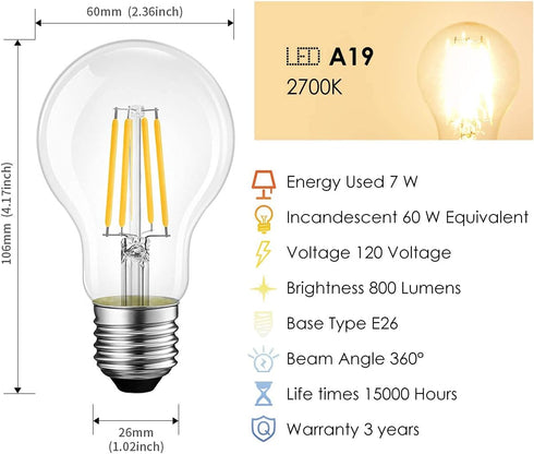 LVWIT A19 LED Vintage Filament Bulb, 6 Pack, Dimmable 7W (60W Equivalent), 2700K Warm White, 800 Lumens