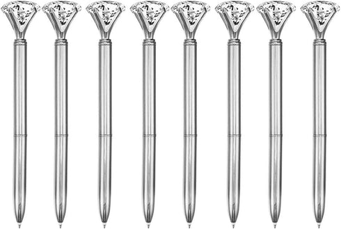 U Scinan 8 Pcs Metal Ballpoint Pen with Big Diamond/Crystal - Office Supplies Gift, Black Ink, Magnify Function, Silver