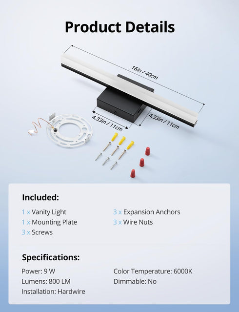 16 Inch 9W IP44 6000K Combuh LED Bathroom Light Fixtures Over Mirror, Black Vanity Light Bar for Bathroom, Modern Bath