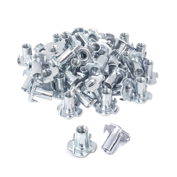 POWERTEC 1/4-20 T Nuts, 50 Pcs | 4 Pronged Tee Nuts for Bolts, Threaded Inserts for Wood Working, Rock Climbing Holds,