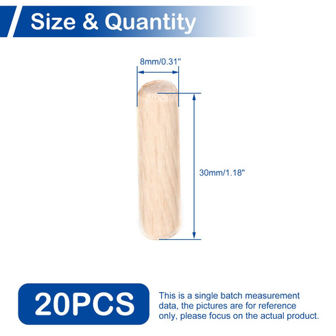 MroMax 20Pcs Wooden Dowel Pins - 8 x 30mm, Approx 5/16" x 1-3/16" Fluted Beveled Hardwood for Furniture DIY Projects