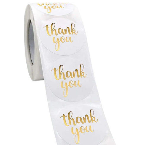 Thank You Label Sticker - 1.5" Round, 500 Labels per Roll for Birthday, Wedding, Gift, Bridal Shower (White/Gold)