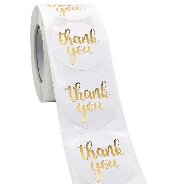 Thank You Label Sticker - 1.5" Round, 500 Labels per Roll for Birthday, Wedding, Gift, Bridal Shower (White/Gold)