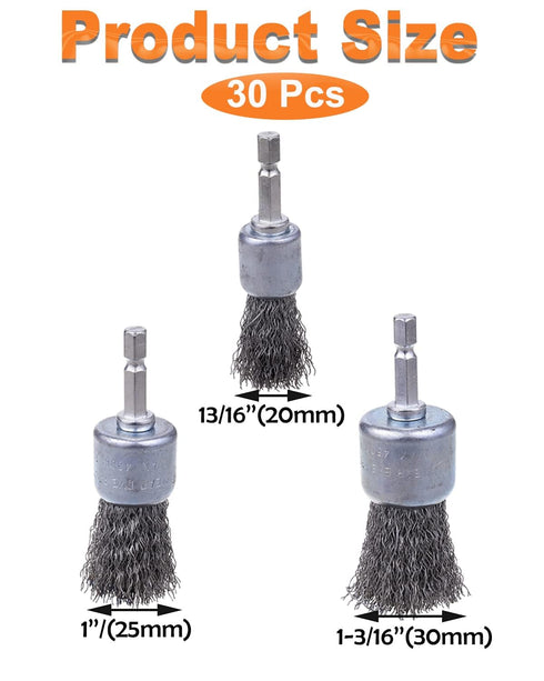 30 Pack 1/4-Inch 3 Rocaris Carbon Steel Wire Wheel Brush with Hex Shank, Pen Brush, for Rust Removal, Corrosion