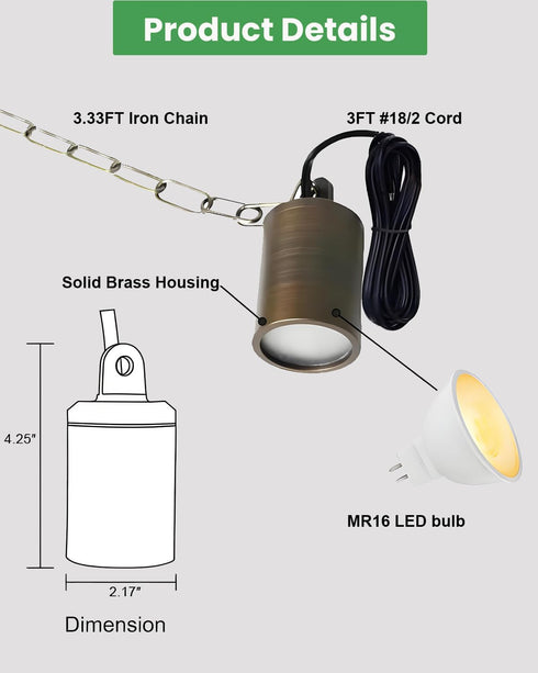 12V GU5.3 MR16 Bulb, 2700K, IP67 Low Voltage Brass Hanging Light Outdoor, Landscape Pendant Tree Light, Replaceable LED