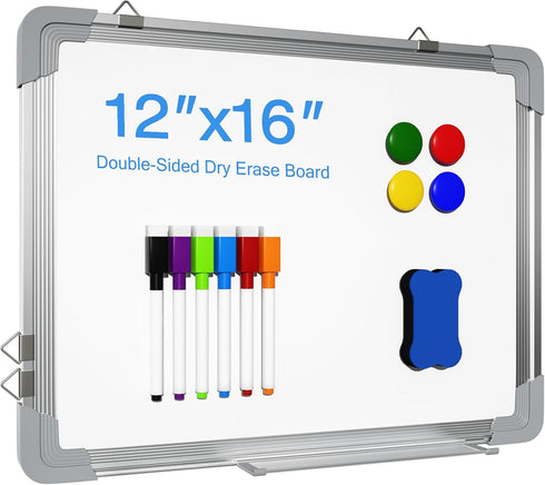 White Board Dry Erase - 12" x 16" Magnetic Double-Sided Board, 6 Markers, 4 Magnets, 1 Eraser for School, Office